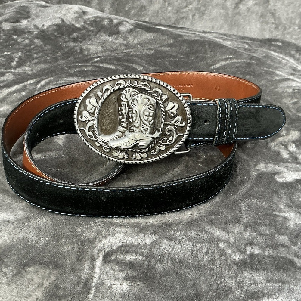 J. Hilburn Mens Sz 43 Sueded Navy Leather Belt Handcrafted USA Silver Buckle